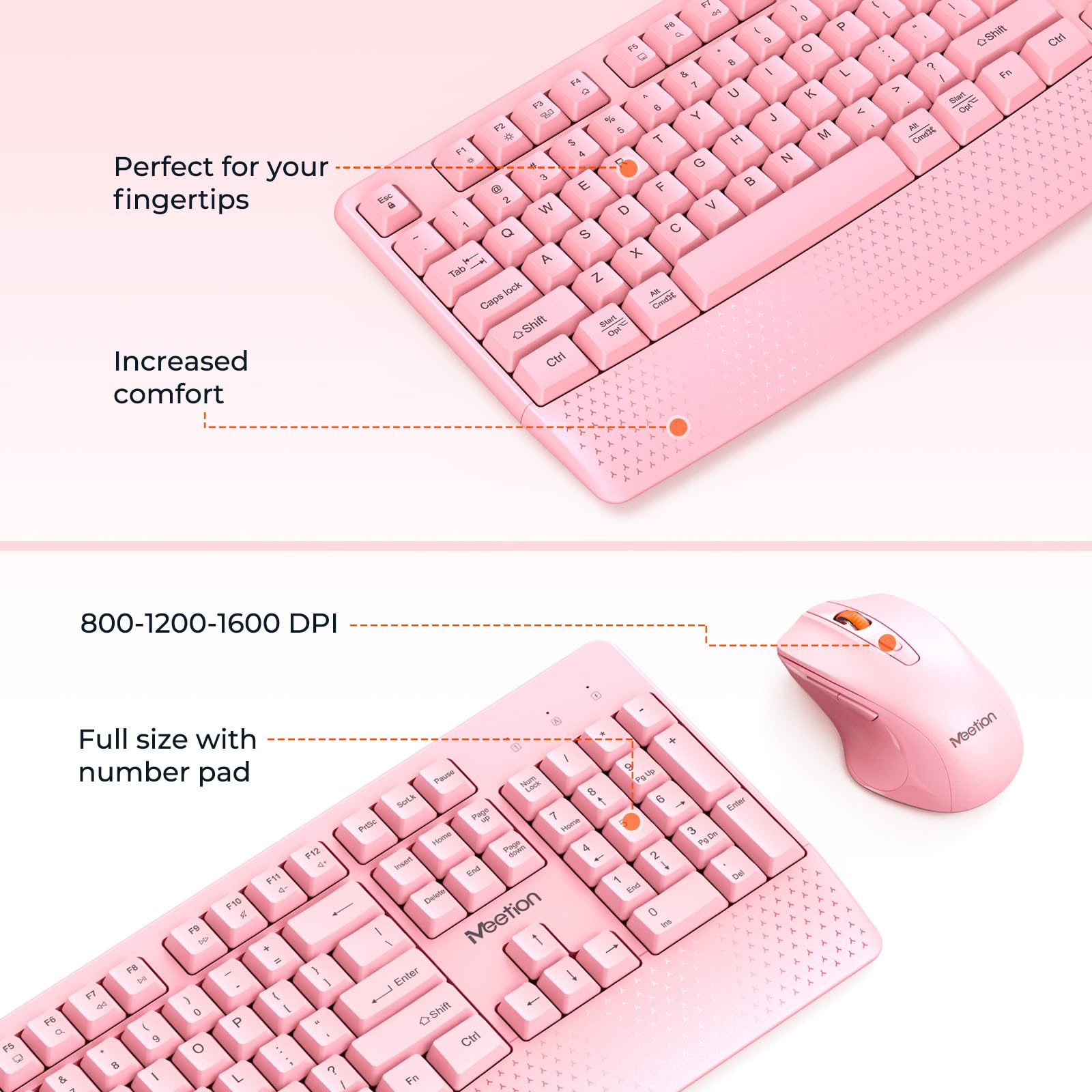 MEETION Wireless Keyboard and Mouse, Full-Sized Cordless Keyboard with Wrist Rest and 3 DPI Adjustable Mouse, 2.4G Wireless, Compatible with PC/Computer/Laptop/Windows/Mac, Pink