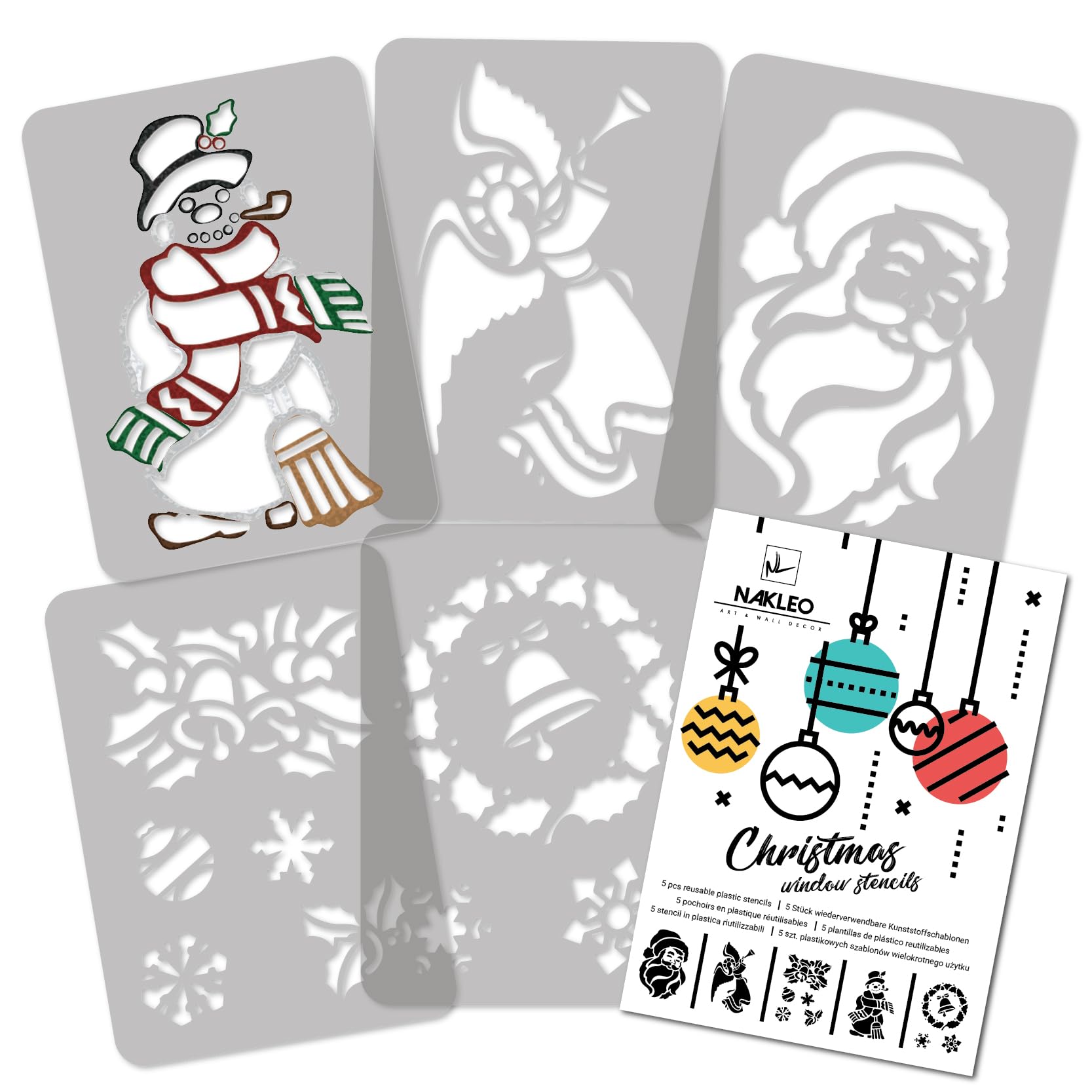 NAKLEO Christmas Painting Stencil Set of 5 Pcs 21x30cm, Reusable Plastic Template, Holiday Patterns for Spraying and Drawing, Art and Craft Decoration for Window Wall Wood Door Cards