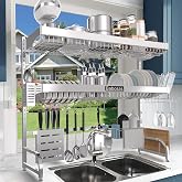 Babosas Over The Sink Dish Drying Rack,3 Tier Adjustable Length (25.5'' to 37.4'') Full Stainless Steel Large Storage Kitchen Dish Rack,For Kitchen Counter Expandable Multifunctional Organizers,Silver