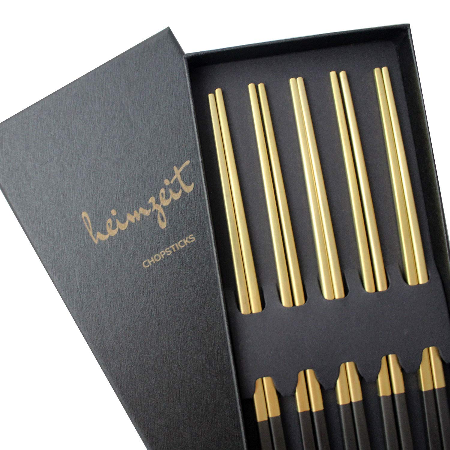 heimzeit Metal Chopsticks Made of Stainless Steel, Black-Gold, 5 Pairs in a Stylish Design, Reusable