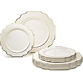 " OCCASIONS " 50 Plates Pack (25 Guests)-Heavyweight Wedding Party Disposable Plastic Plate Set -(25x10.5'' Dinner + 25x8'' Salad/Dessert) (Imperial Ivory & Gold)