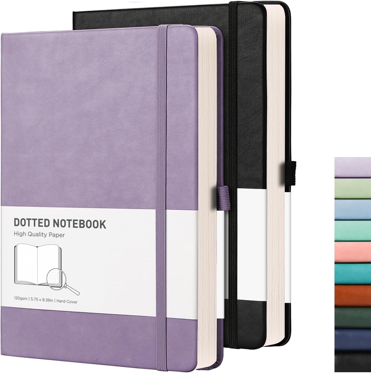 RETTACY A5 Dotted Notebook 2 Pack - Bullet Dot Grid Journal with 320 Numbered Pages Hardcover 120gsm Thick Paper, 8 Perforated Sheets, Pen Holder, Inner Pocket 14.5 x 21cm - Black Purple — image 1