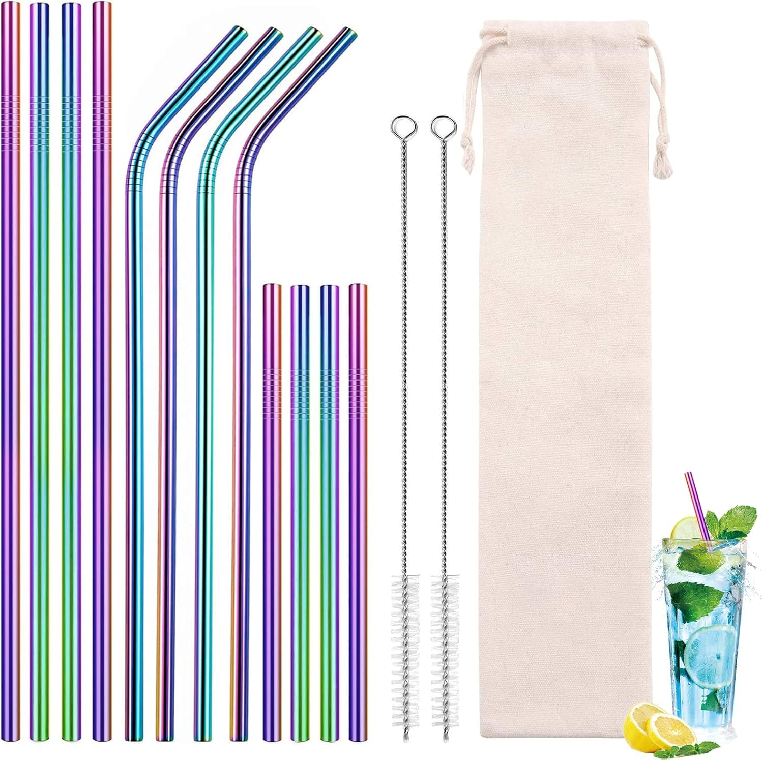 12 Pcs Metal Drinking Straws, 21/20.5/15cm Reusable Metal Straws, Stainless Steel Straw Set with 2 Cleaning Brushes and Storage Bag, Straight and Bent Coloured, for Juice, Cocktail, Drink