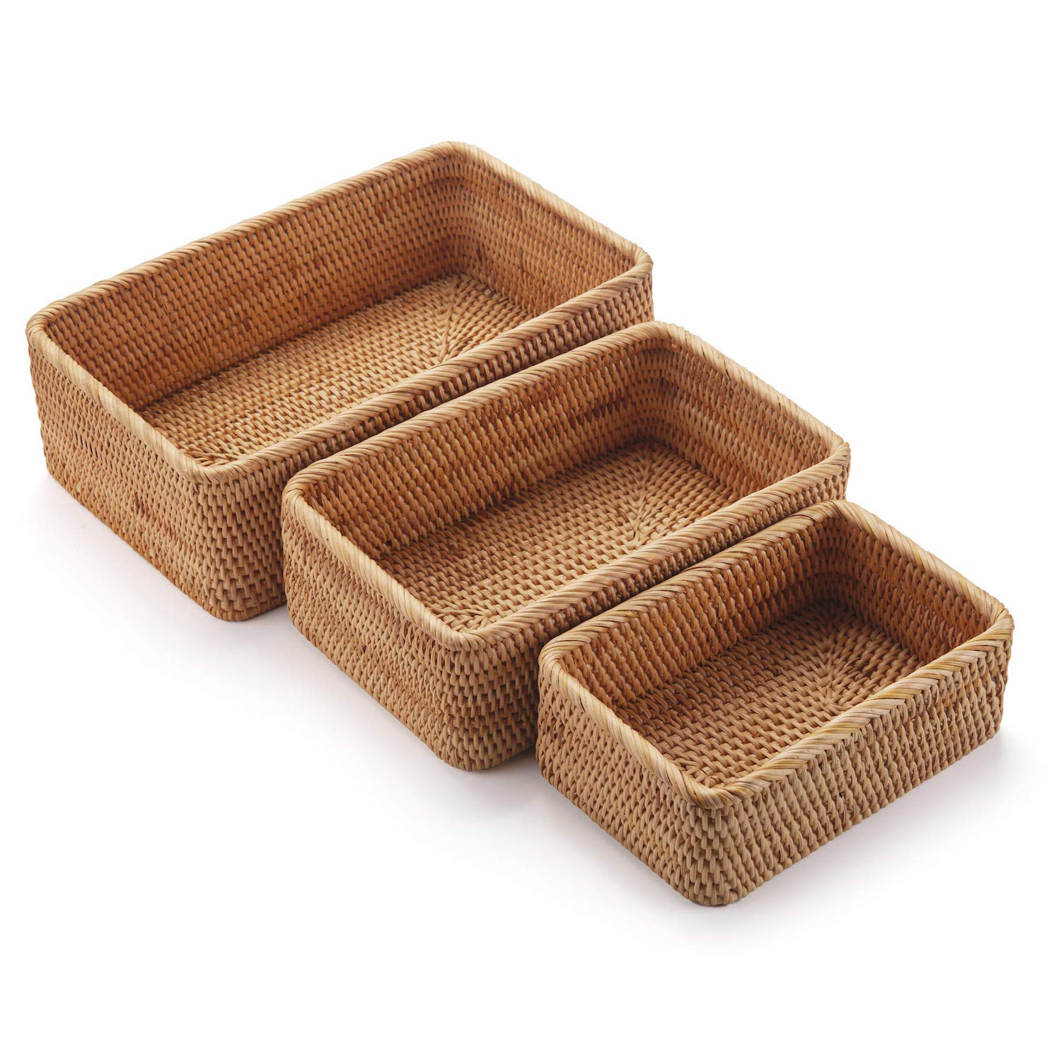 Rectangular Rattan Storage Baskets Stackable Woven Wicker Box Key Holder for Kitchen Cupboards Shelf Natural Set of 3