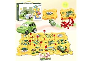 ROUSKY 2023 New 25PCS Children's Puzzle Track Car Game Set, DIY Assembly Electric Trolley for Kids (Dinosaur)