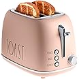 Rae Dunn Retro Rounded Bread Toaster, 2 Slice Stainless Steel Toaster with Removable Crumb Tray, Wide Slot with 6 Browning Levels, Bagel, Defrost and Cancel Options, Blush