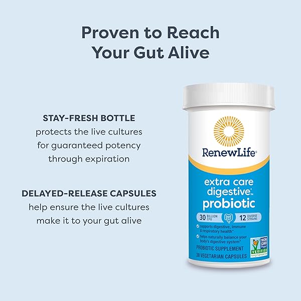 RENEW LIFE EXTRA CARE PROBIOTIC CAPSULES, DAILY SUPPLEMENT SUPPORTS IMMUNE, DIGESTIVE AND RESPIRATORY HEALTH, L. RHAMNOSUS GG, DAIRY, SOY AND GLUTEN-FREE, 30 BILLION CFU, 30 COUNT