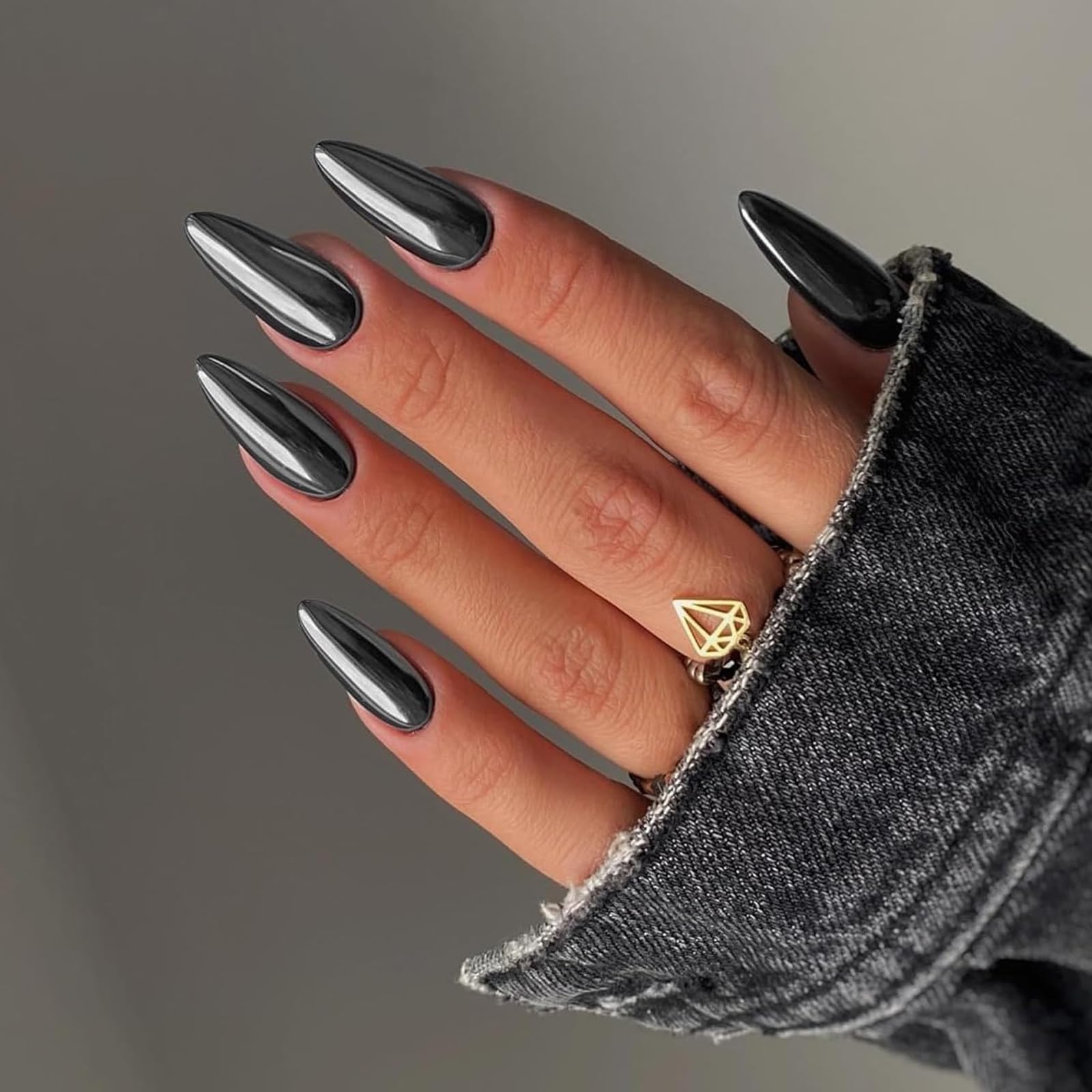 24 Pcs Chrome Almond Press on Nails Short Designs,Navy Blue Solid False Nails Oval,French Stick on Nails for Women and Teens,Metallic Fake