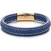 Men Women Blue Braided Leather Bangle Bracelet with White Stitches and Gold Steel Magnetic Clasp