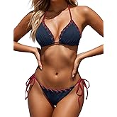 Zojuyozio Women Two Piece Bikini Swimsuit Color Block Bathing Suits Halter Triangle String Bikini Sets