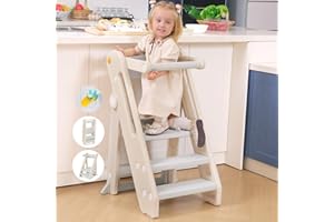 Onasti Toddler Tower Kitchen Stool Helper - Foldable & Adjustable Height Kids Learning Stool for Kitchen Counter Bathroom Sink Child Ladder for Toddlers with Handles, Safty Rail, Non-Slip-Grey White