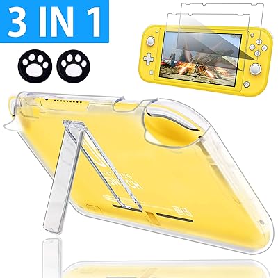 BRHE Clear Case for Nintendo Switch Lite with Glass Screen Protector, Anti-Scratch Shock-Absorption Transparent Protective Grip Cover for Nintendo Switch Lite Console - Clear