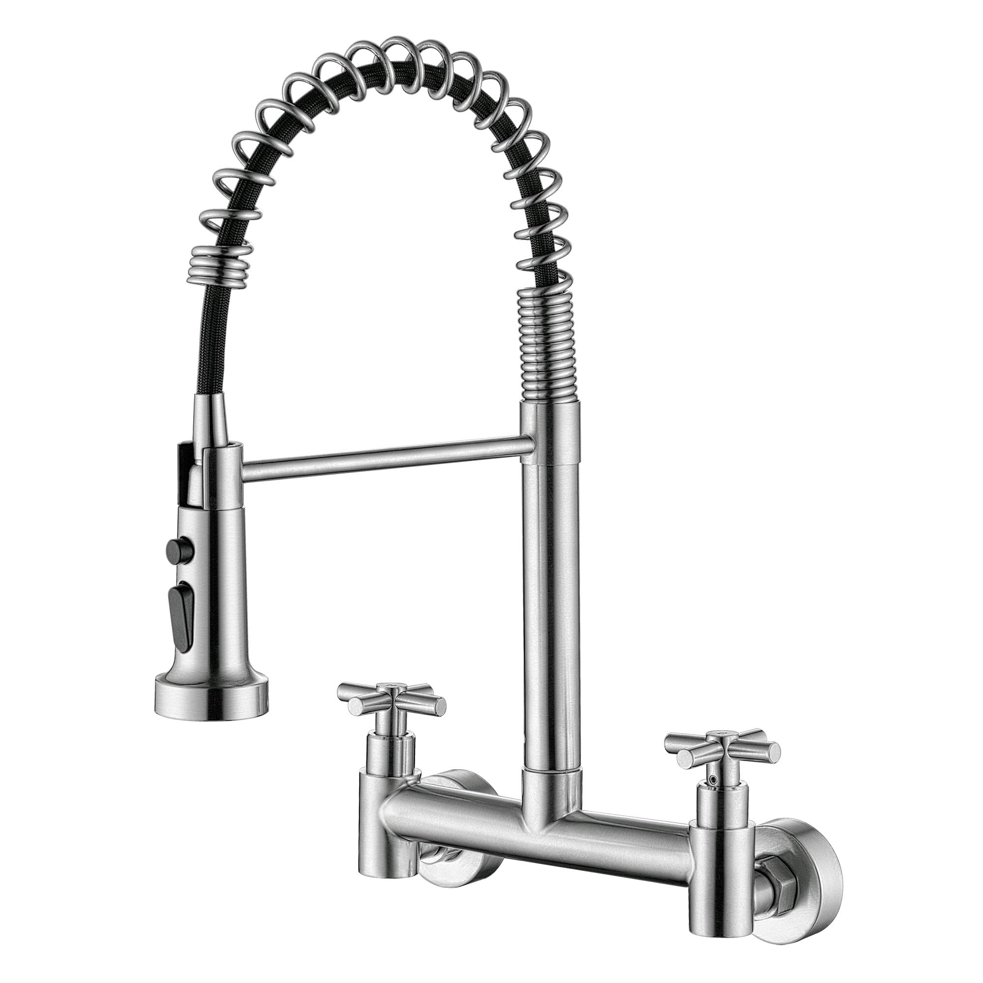 Photo 1 of FLWUEUE Wall Mount Faucet 8 Inche Center, with Pull Down Sprayer, Commercial Mixer Tap, High Arc Dual Handle Spring Kitchen Sink Faucet, Grifos De Cocina, Brushed Nickel, UEFK0202005E02