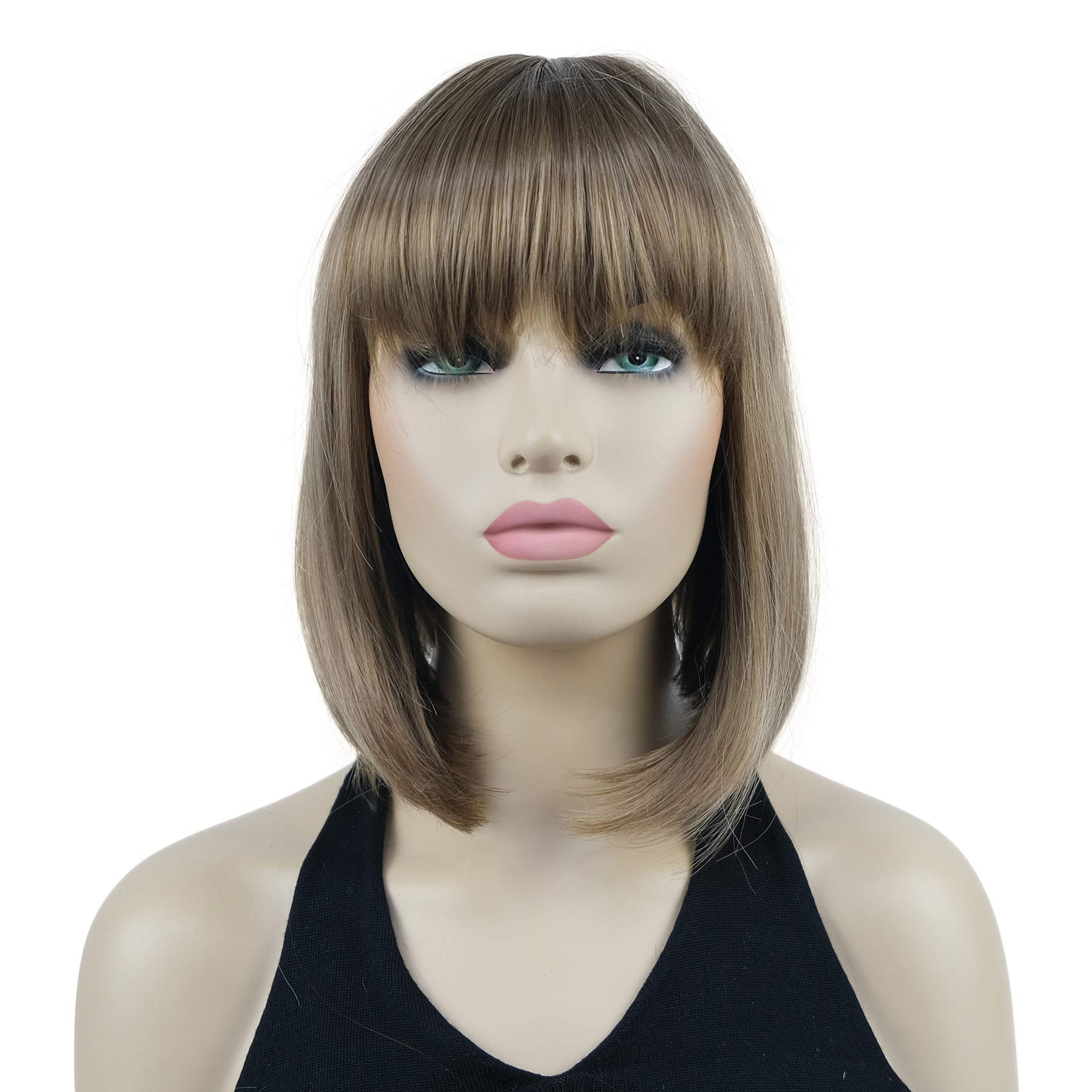 Lydell 10" Short Straight Bob Hair Wigs with Bangs Synthetic Hair Cute Wigs (Light Golden Brown)