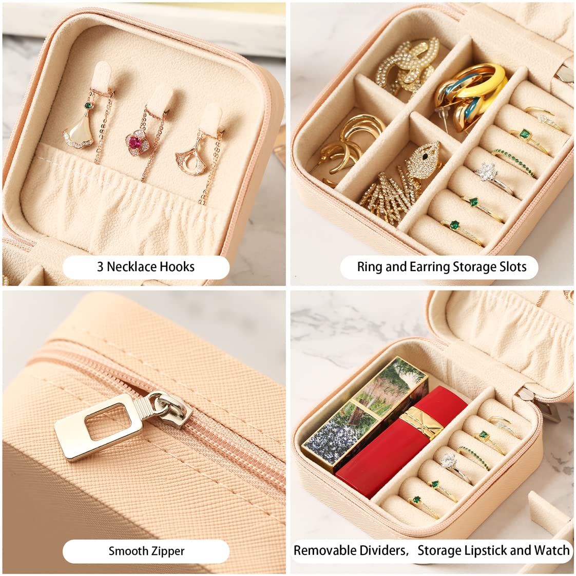 ZPROW ZPROW Travel Jewelry Case, Mini Portable Jewelry Travel Boxes, Small Jewelry Organizer for Rings, Earrings, Pendants, Watches, Necklaces, Lipsticks Organizer Storage Holder Case (Pink)