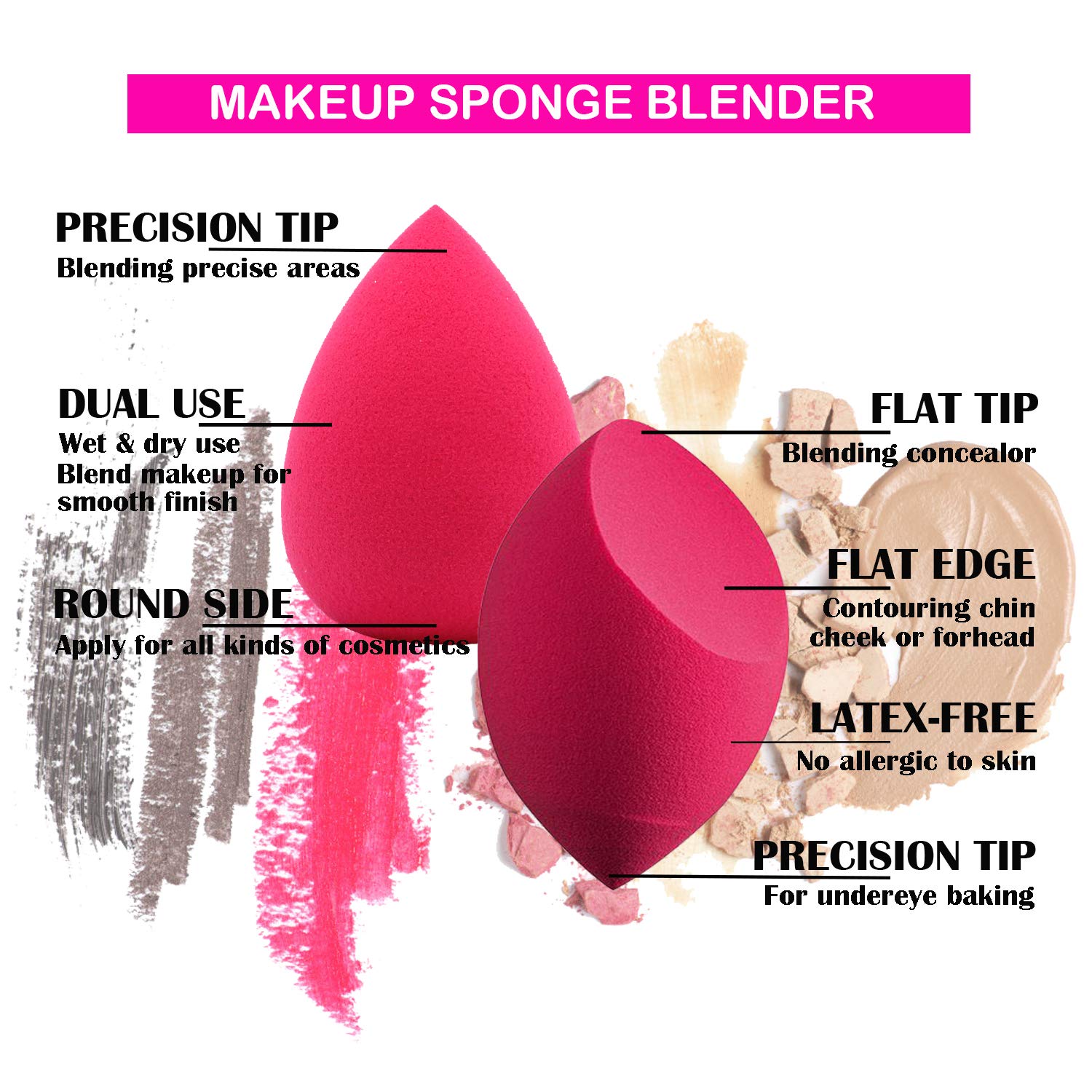 Classic 6 Beauty Makeup Sponge Blender Large Egg-Shape & Olive-Cut + 1 Brush Set, Soft Latex-Free Sensitive Skin Friendly, Wet+Dry Use Multifunctional Liquid+Powder+Cream Cosmetic Applicator Puff Pack