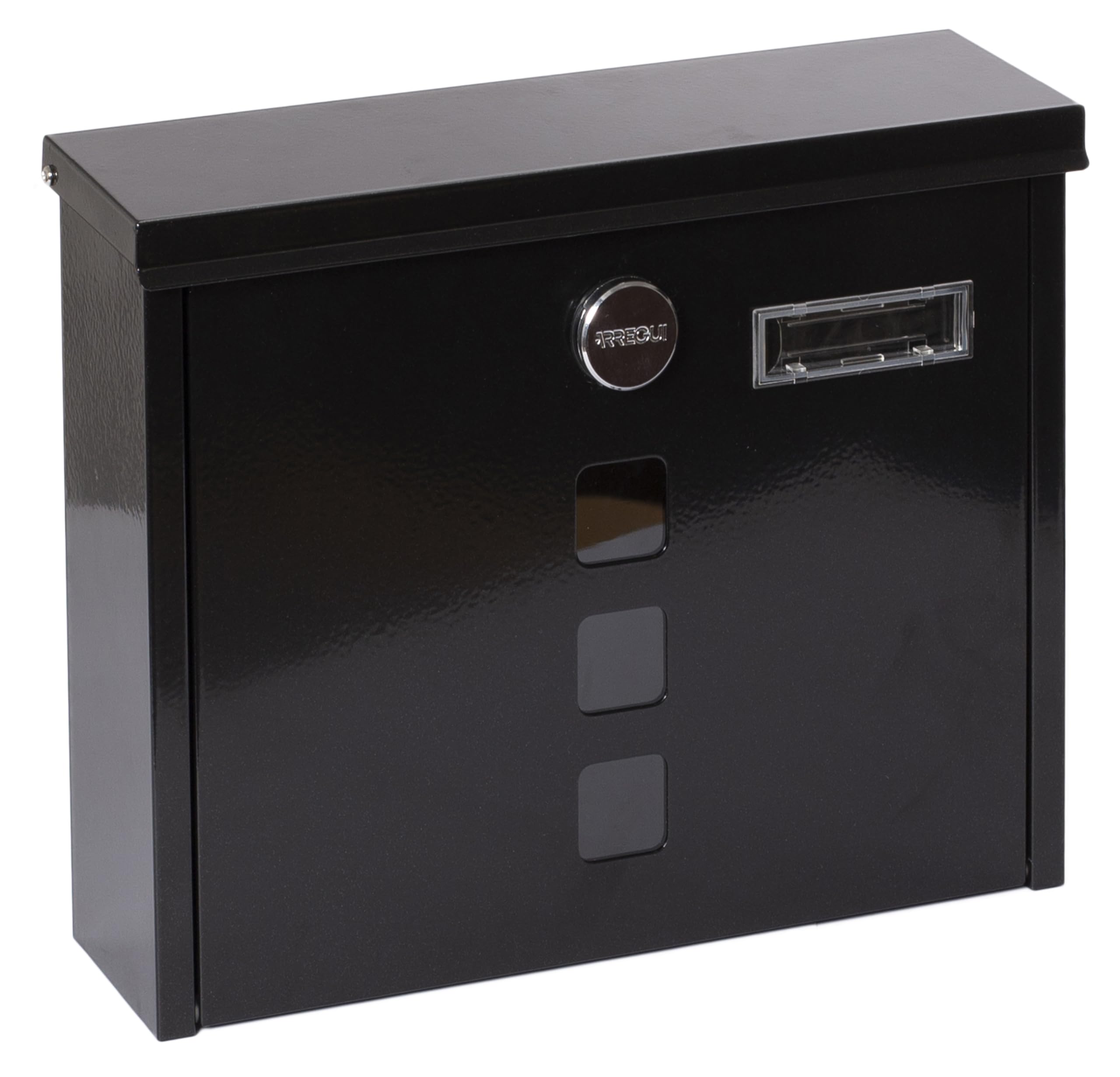 ARREGUI Chance E7104 Galvanised Steel Letter Box Size M (A4) with Protective Flaps for Slot and Lock, Post Box with Viewing Windows and Name Plate, Easy Assembly, Black
