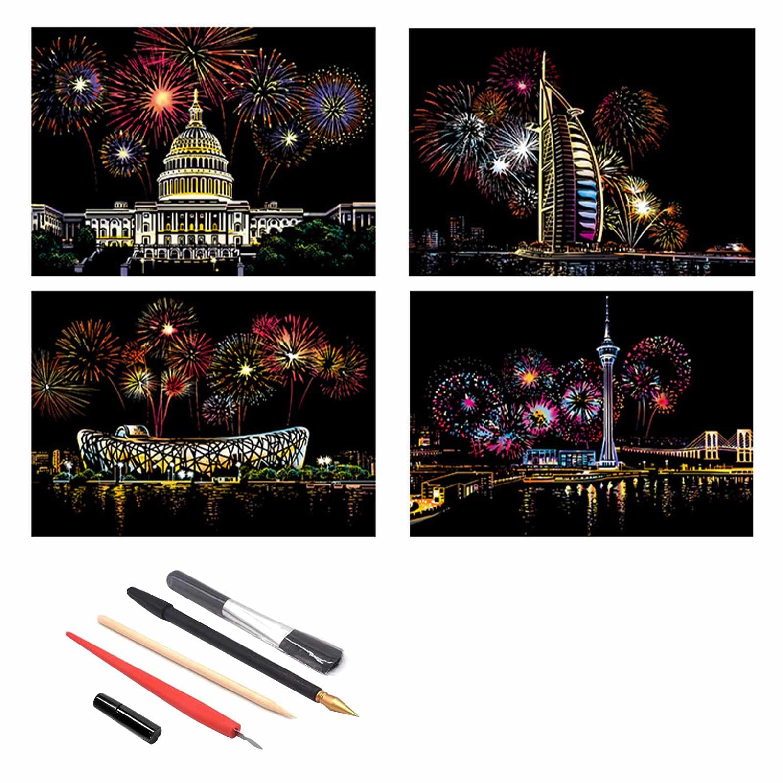 QINXUANGE 4PCS Scratch Art Scratch(21×29cm) Paper City Fireworks Rainbow Painting Sketch,Splendid Fireworks Series,Scratch Painting Creative Gift,Scratch Art for Unisex with 5 Tools