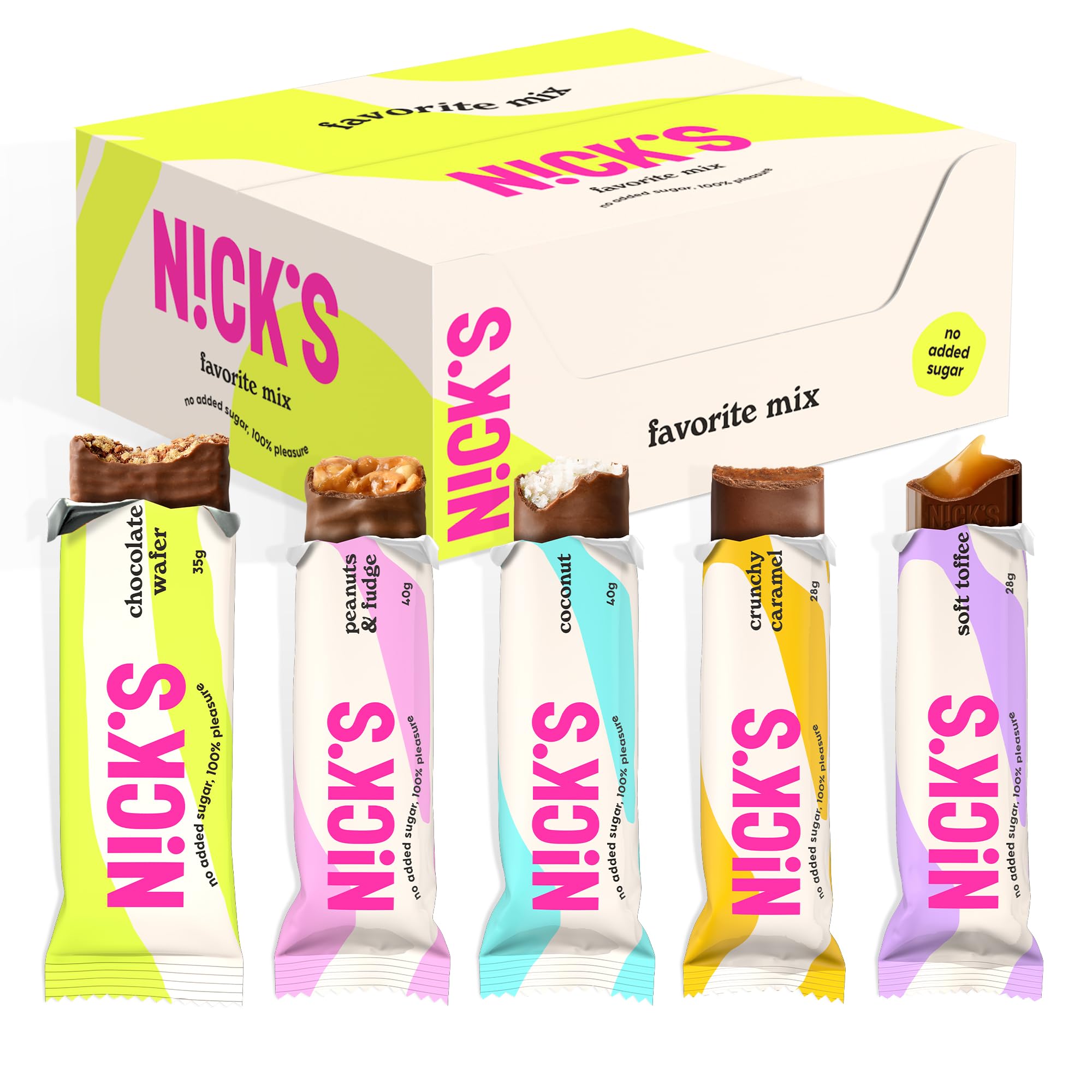 NICKS Schokolade Keto Riegel ohne Zuckerzusatz, Favoriten Mix box mit Schokoriegel Glutenfrei, Low carb Süßigkeiten ohne Palmöl (Probierpaket mit 12 Snacks bars)