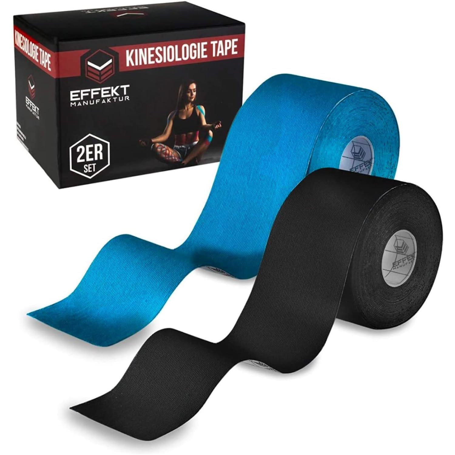 Effekt Kinesiology Tape Waterproof (5 m x 5 cm), 2 Roll - Elastic Physio Tape for Muscle Support and Injury Recovery, Medical Tape, Sports Tape Strapping Durable Kinesthetic Tape (Blue + Black)