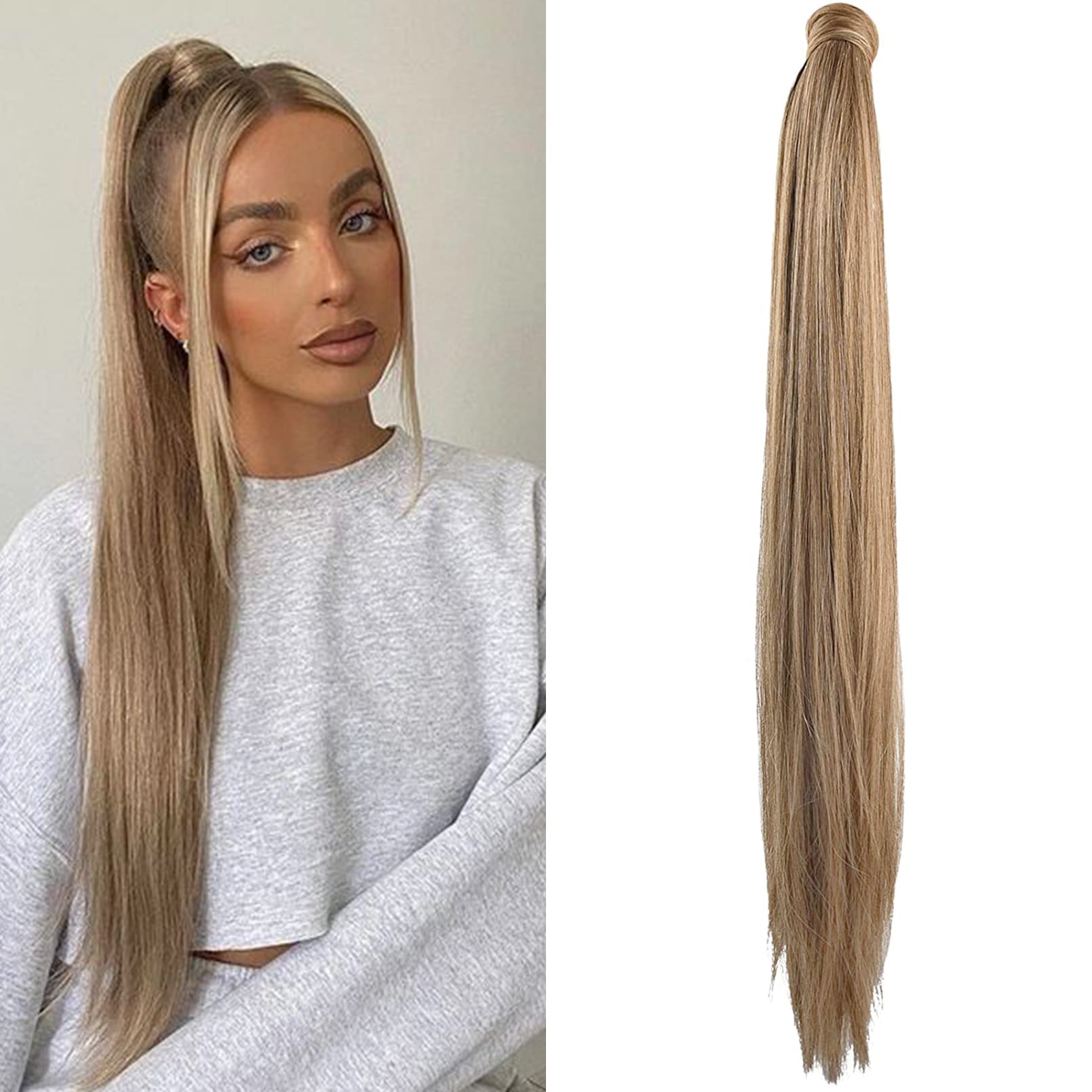 Photo 1 of SEIKEA 28 Inch Clip in Ponytail Extension Wrap Around Long Straight Pony Tail Hair Synthetic Hairpiece for Women Color Ash Blonde with Golden Blonde