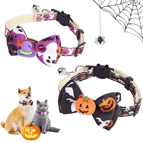 2 PCS Halloween Cat Collars,Quick Release Cat Collar with Bell and Bow,Dog Collars with Bow Tie,Pumpkin Soft Adjustable Breakaway Pet Collar for Dogs and Cats (Pumpkin+Witch's Hat)