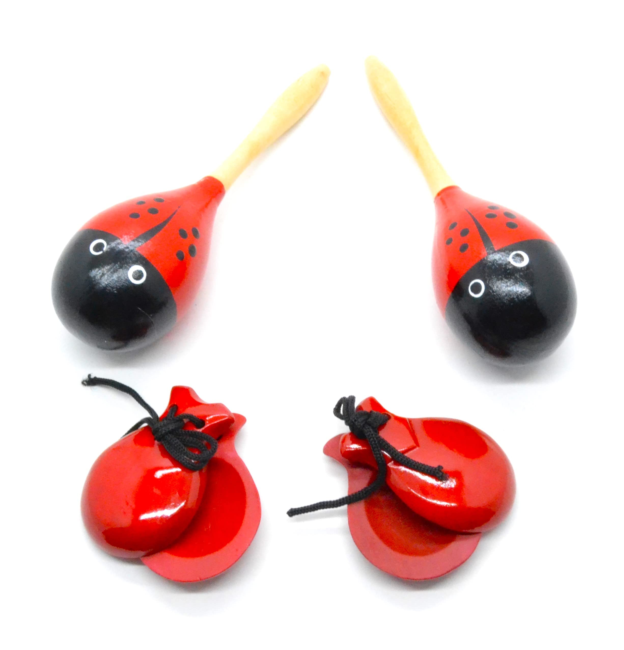 Red Ladybird Maracas and Castanets Adult Red and Black, Complete Spanish Musical Set, Red Polka Dot Color, Spanish Traditional Colors, Rumba Stirrers Traqueteo Hand Percussion