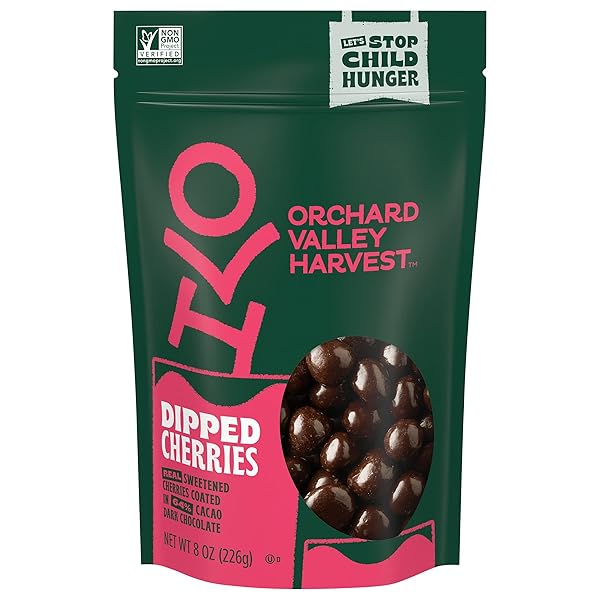 ORCHARD VALLEY HARVEST DARK CHOCOLATE DIPPED CHERRIES, MADE WITH REAL CHERRIES, GLUTEN FREE, NON-GMO, NO ARTIFICIAL COLORS, STAND UP BAG, 8 OZ (PACK OF 1), ON-THE-GO SNACK FOR THE WHOLE FAMILY