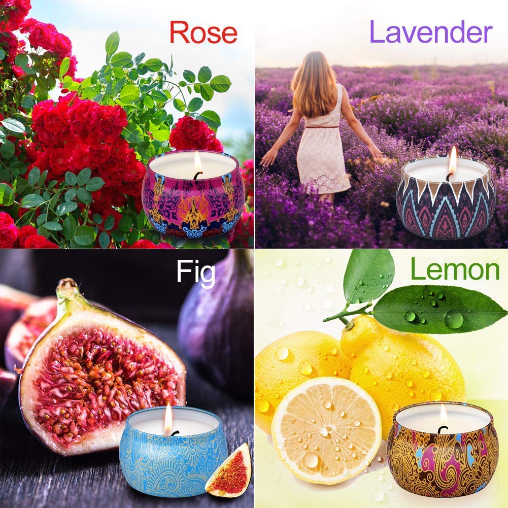 ARINO Lot de 4 Bougie Parfumées Romantique - Lavande, Rose,Citron,Figue Méditerranéenne, Bougie Cire pour Détente et Aromathérapie