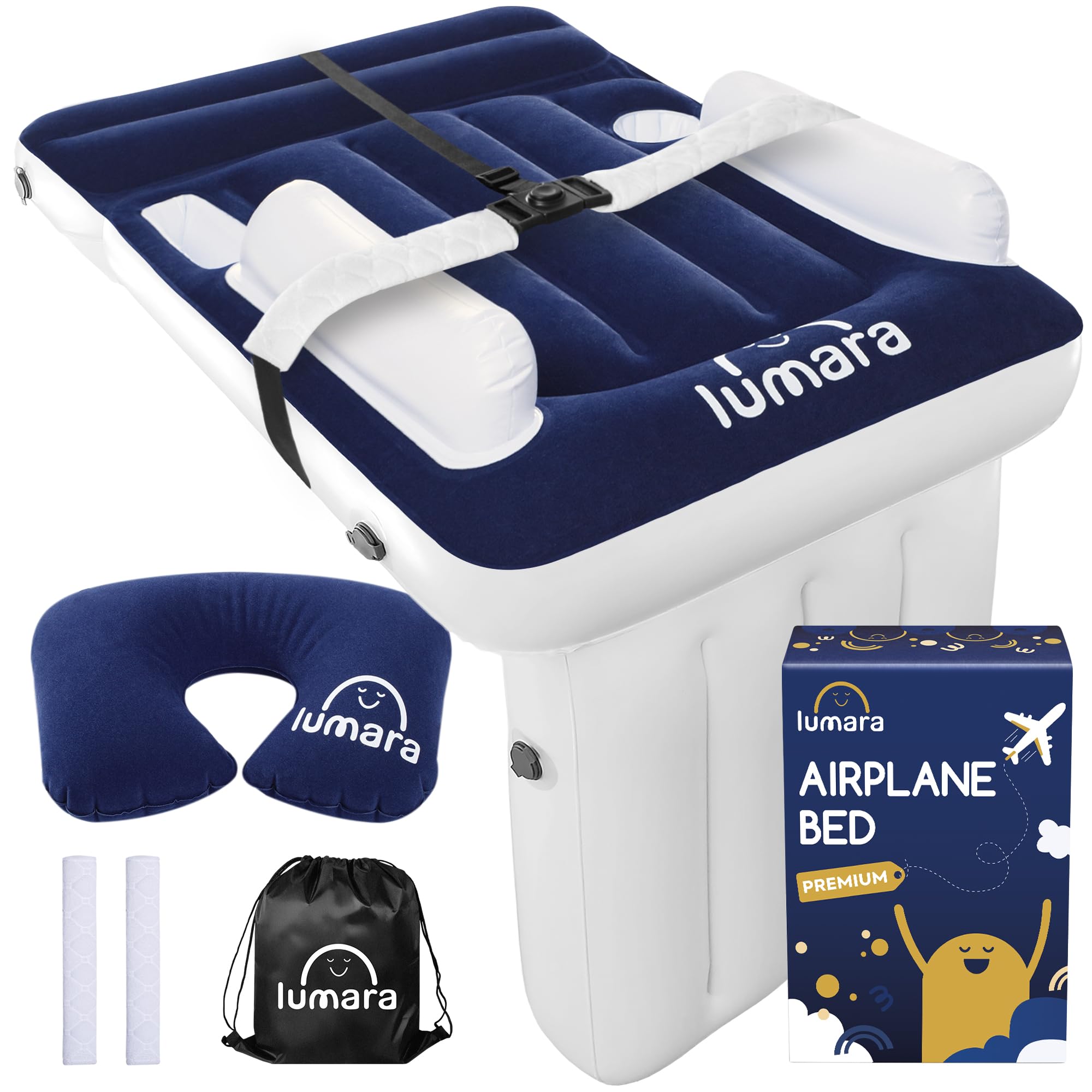 Premium Toddler Airplane Bed - Inflatable Airplane Bed for Toddlers, Plane Baby Mattress for Kids - Blow Up Air Mattress for Child Flight Sleep with Safety Belt, Innovative Valves, No Pump Needed