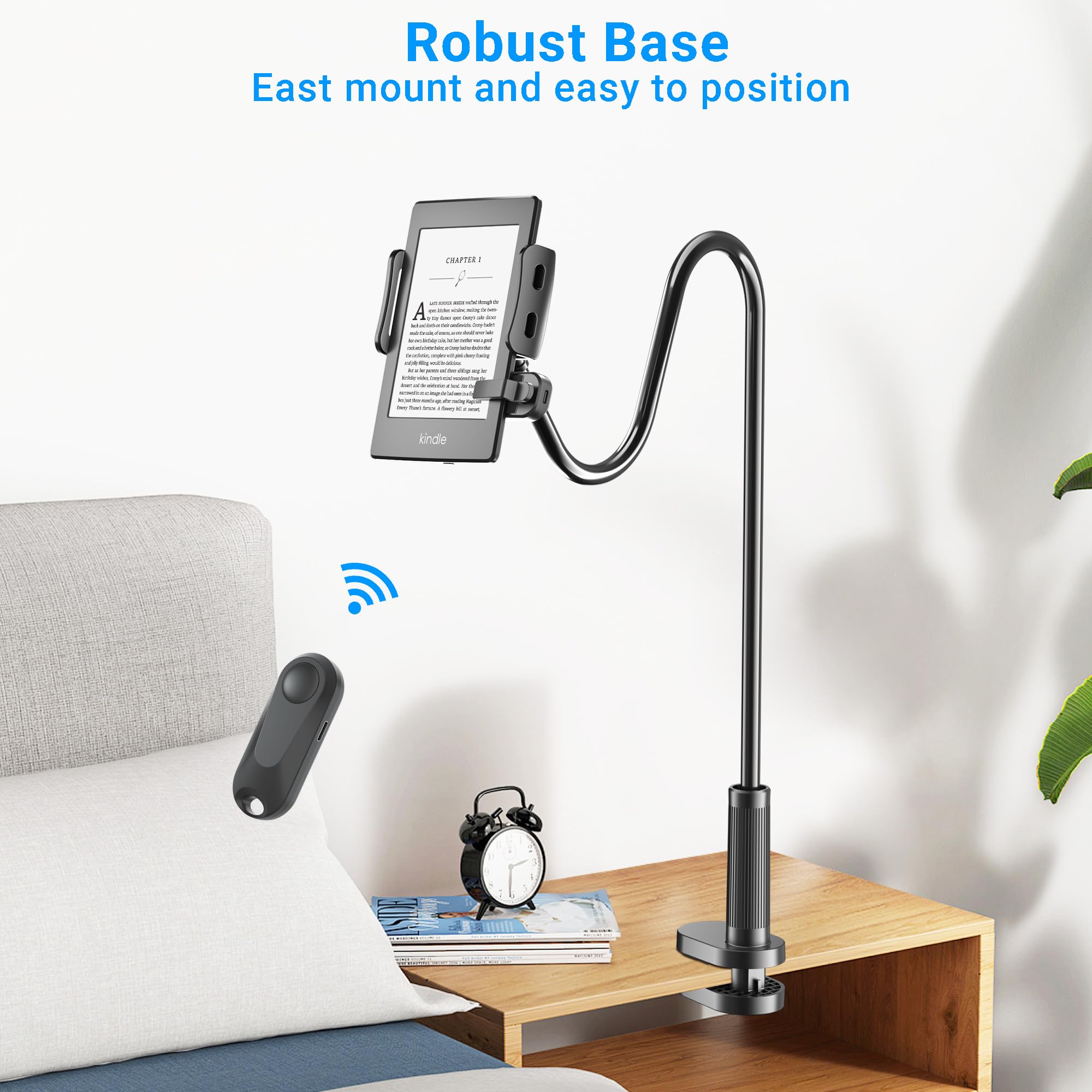 Gooseneck Tablet Holder for Kindle Reading in Bed with Page Turner Remote, Hands Free Desk Bedside Lazy Arm Stand for Kindle Accessories, Gifts for Readers