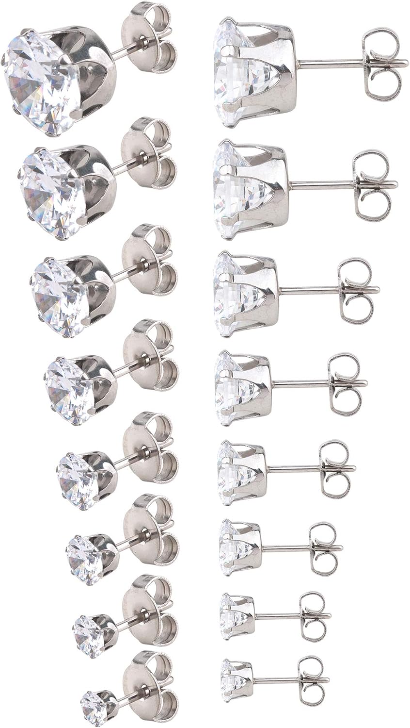 Houlife Stainless Steel Silver Tone Stud Earrings Ear Stud Set 310mm Round Clear CZ
