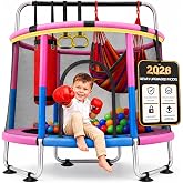 60" Trampoline for Kids with Net, 6-in-1 Indoor/Outdoor Toddler Trampoline | Anti-Tilt Frame &amp; Thick Padded Spring Cover,Easy Assembly, Safe Enclosed Bouncing Space, Christmas Toys Birthday Gifts