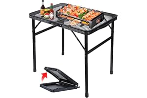 MWELLEWM Folding Grill Table Metal Portable Camping Table with Mesh Desktop Lightweight & Foldable Height Adjustable Black Picnic Table for RV, BBQ Outside Inside