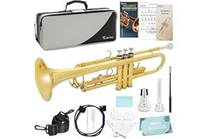 Kmise Bb Standard Trumpet, Premium Brass Trumpets for Student Beginner, Trumpet Instrument Set with Upgraded Case, 7C Mouthpiece, Mute, Beginner's Guide Kit, Cleaning Kit (Gold)