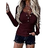 BTFBM Women Long Sleeve Shirts Fall Tops V Neck Button Up Henley Shirts Slim Fit Ribbed Knit Spring Casual T-Shirts 2026