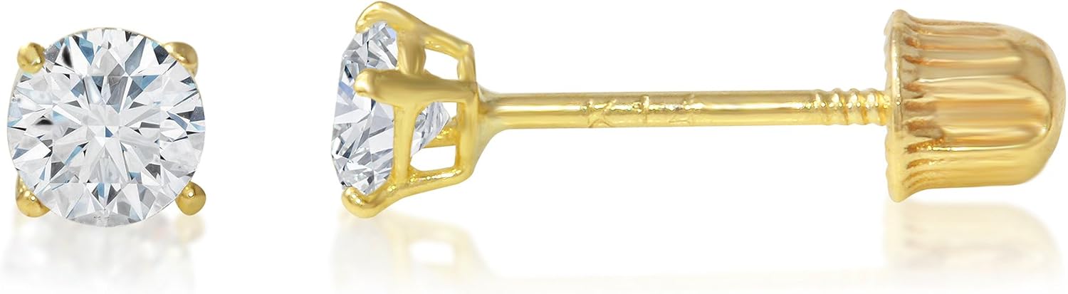 14K Gold Round Solitaire Cubic Zirconia CZ Stud Screw Back Earrings in Yellow OR White (Various Sizes)