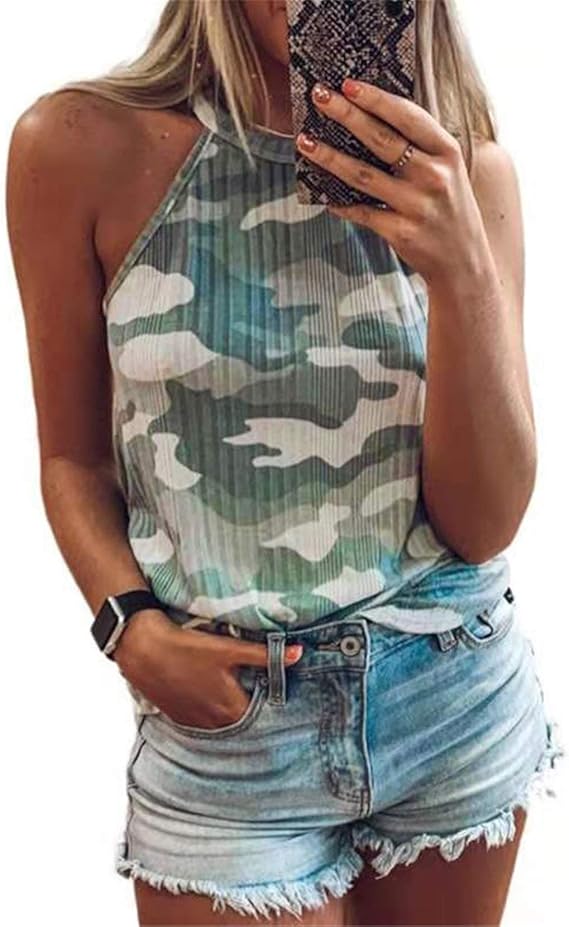 Women's Halter Camo Tank Tops Cute Flowy Camouflage Camisole Shirts