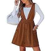 CUPSHE Women's Deep V Neck Fall Mini Dress A Line Sleeveless Overall Dress Elastic Waist Side Pockets Casual Jumper