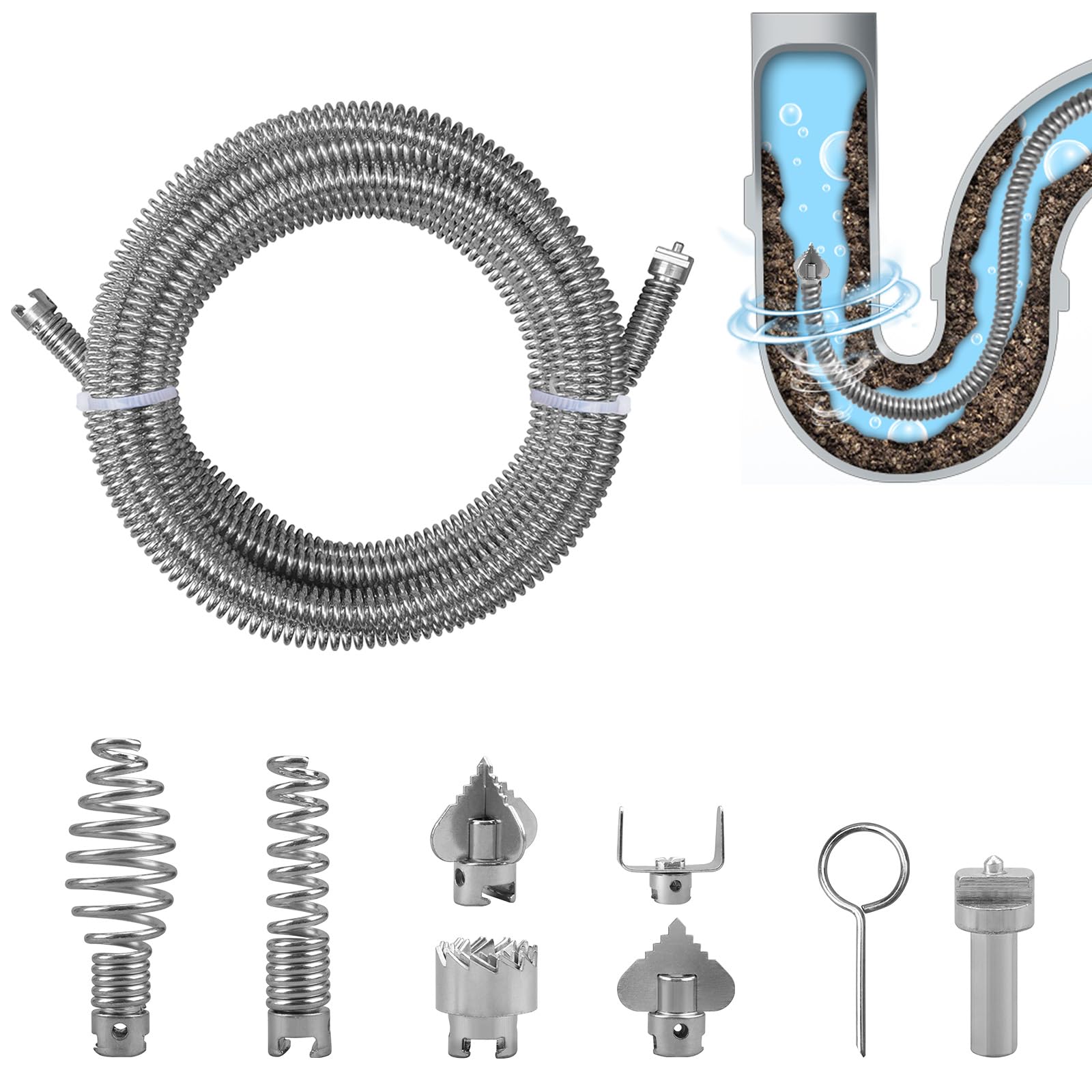 Pipe Cleaning Spiral 5 m, Diameter 12 mm Drain Cleaner Spiral with 6 Pieces Drain Cleaner Cutting Head and 1 Electric Adapters, Multifunctional Steel Pipe Cleaning Shaft (Galvanised)