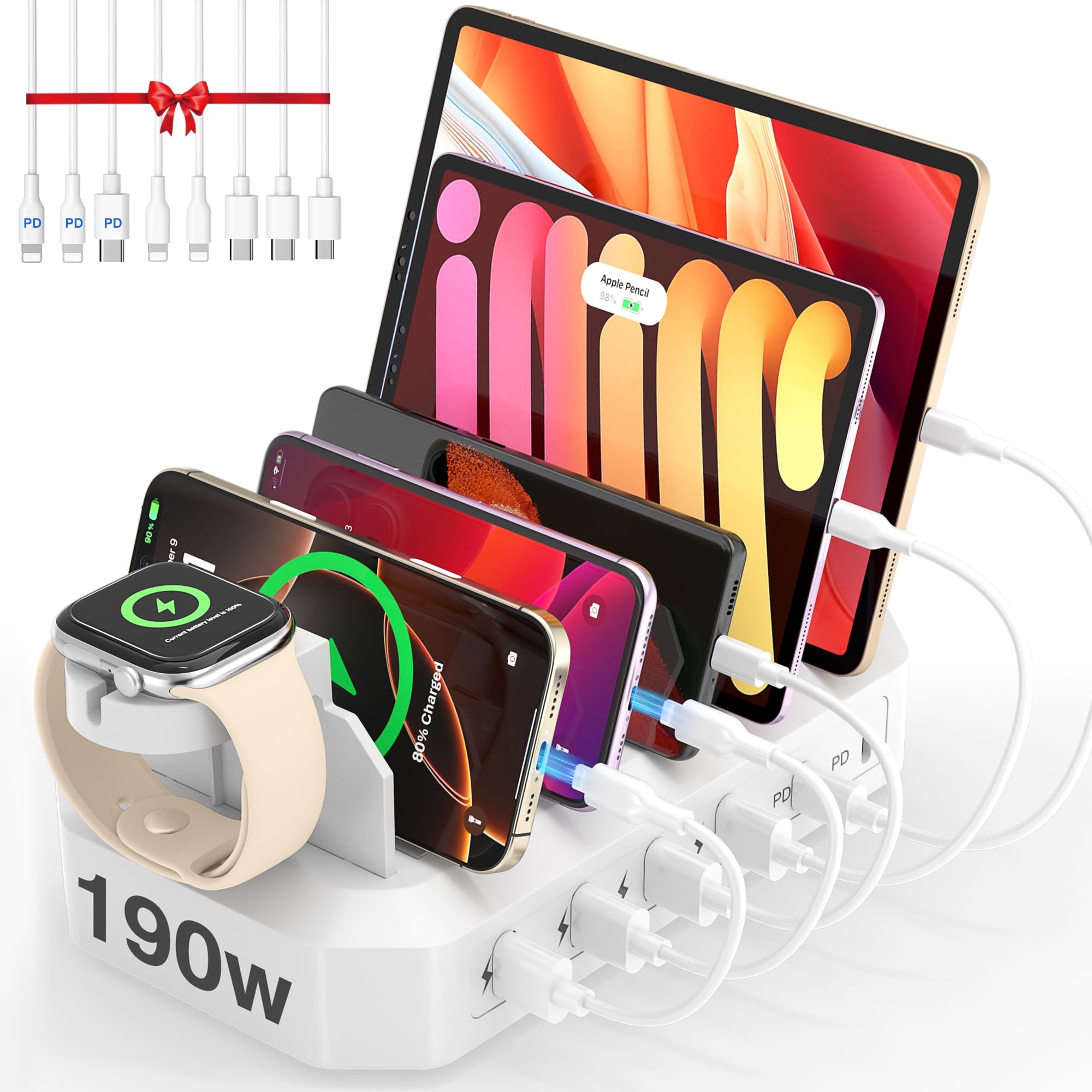 Photo 1 of [2026 Upgrade] 190W Fast Charging Station for Multiple Devices?Certified Safer Charging? 6 Port USB Charger Station - Multi-Device Charging Dock with Phone/MacBook/iPad/Tablet (8 Mix Cables Included)