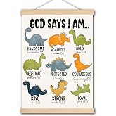 DNEULYR Dinosaur Wall Decor, God Says I am Nursery Wall Art With Wooden Poster Hanger, Dinosaur Room Decor for Boys, Toddler Little Boy Room Bedroom Nursery Decor, 12x16 Inch