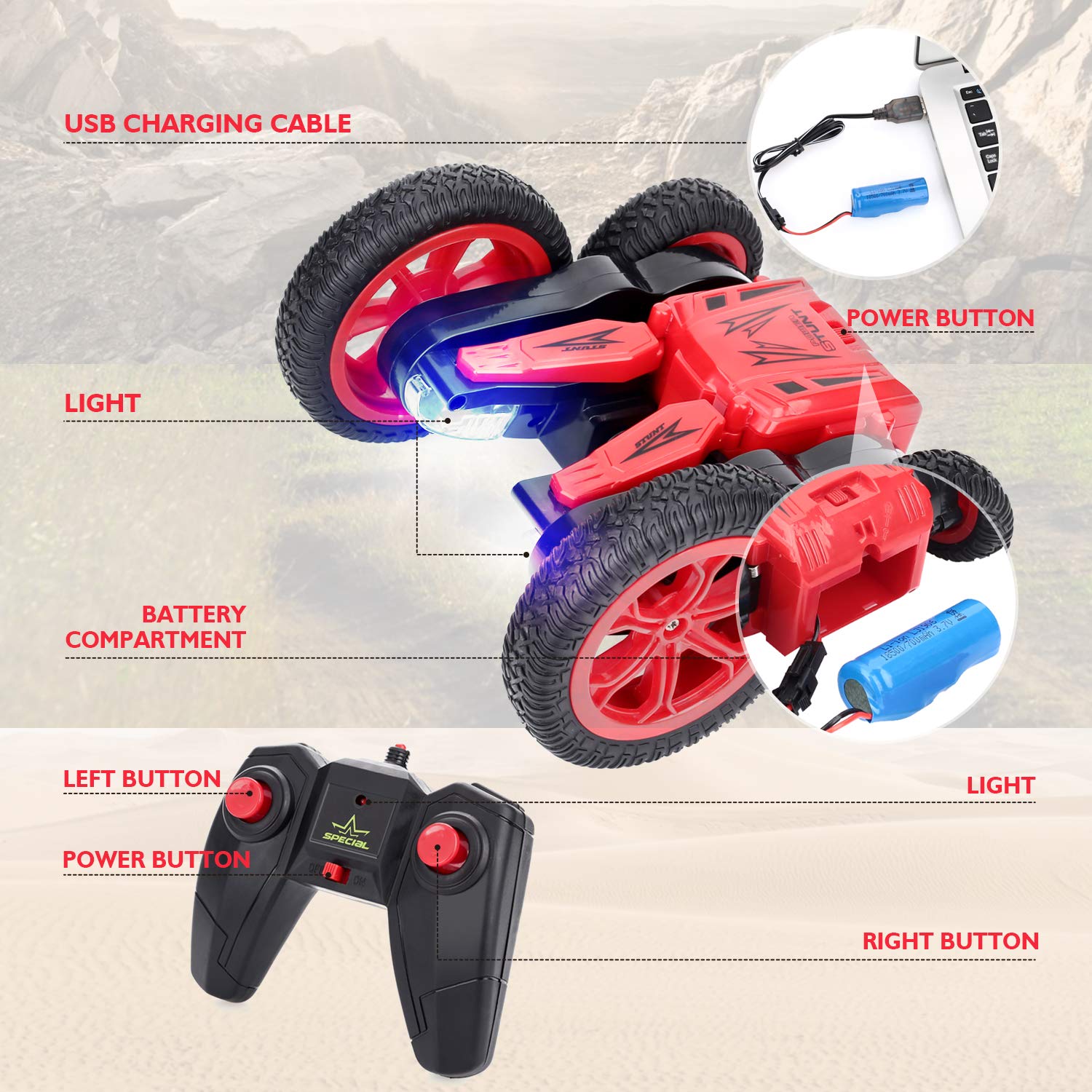 Peradix RC Stunt Car Remote Control Racing Car toy 4WD Double Sided 360 Degree Spins and Flips with LED Lights Cars Toys for boys Children /Kids(Black-Red Stunt car)