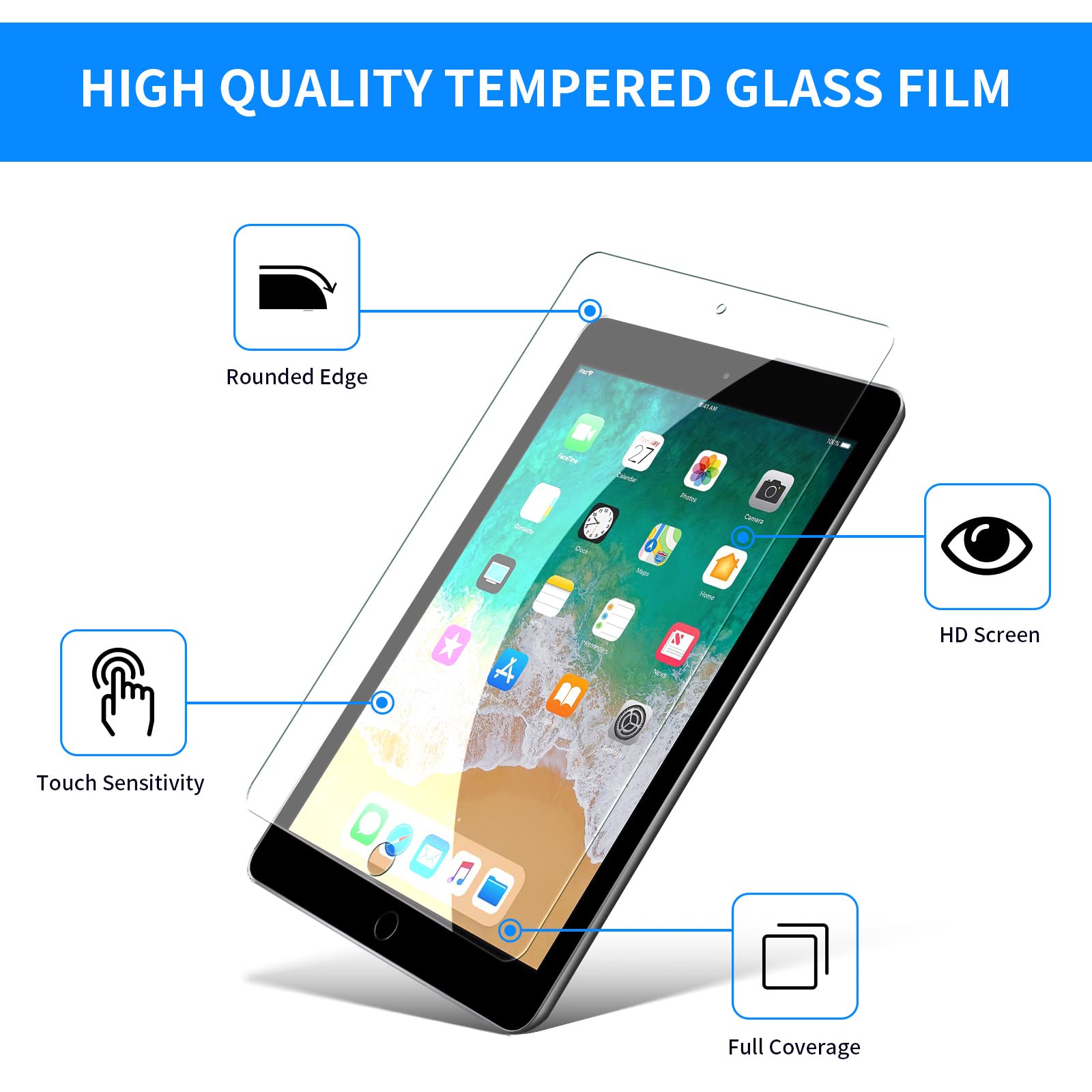 avakot-2 Pack Screen Protector for iPad 6th Generation 9.7 Inch, Anti-Scratch Tempered Glass Film for iPad 5th Gen/Air 2/Air 1/Pro 9.7, Touch Sensitive Tempered Glass Screen Protector for iPad 9.7