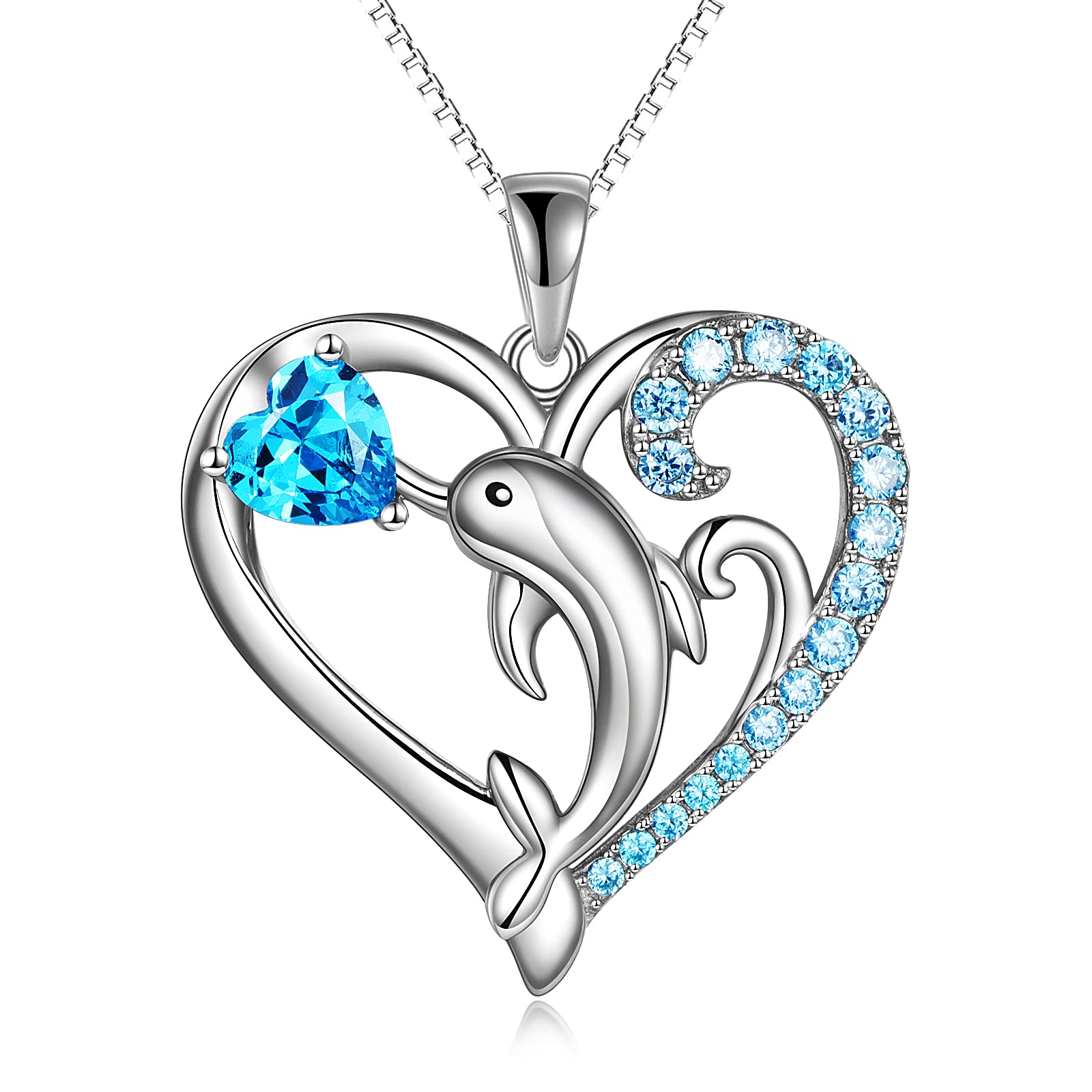 YAFEINI Dolphin Necklace for Women 925 Sterling Silver Dolphin Sea Wave Love Heart Pendant Necklace Jewellery Birthday Friendship Gift for Mother Mum Daughter Teen (blue)