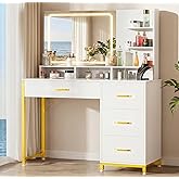 COMHOMA Vanity Desk with Mirror and Lights, Makeup Vanity Table with 4 Drawers & Storage Shelves, Large HD Mirror, 3 Color Mo