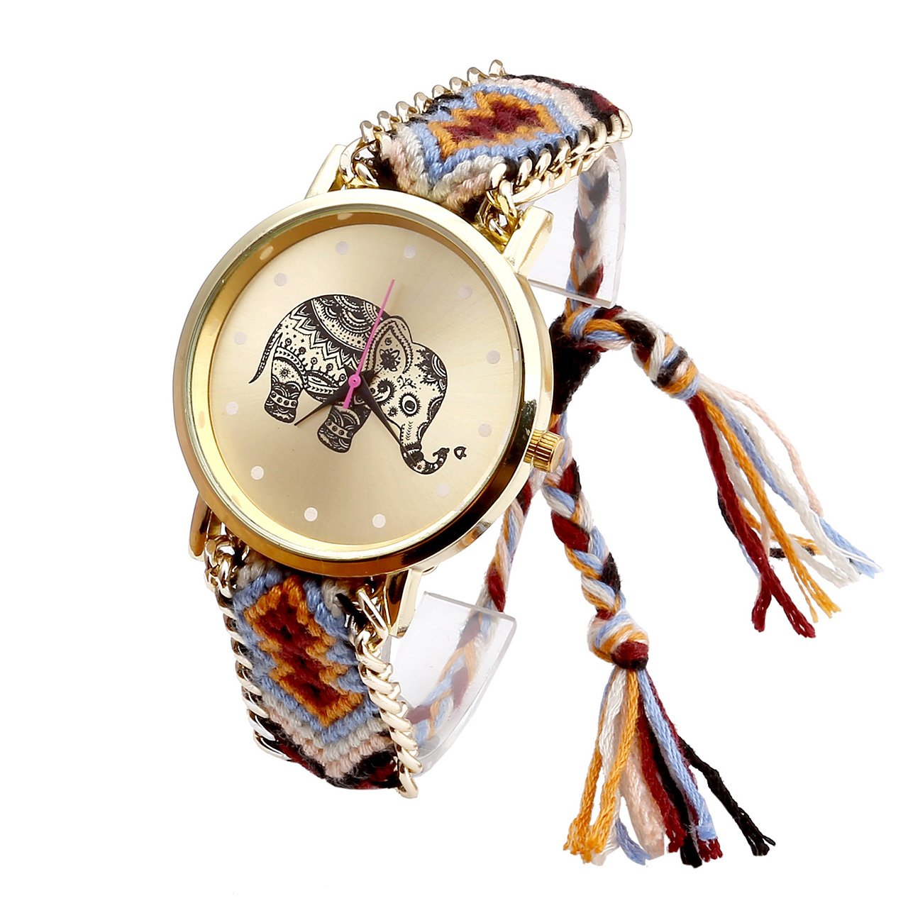 JSDDE 1PC Femmes Motif éléphant Corde Tissé Band Bracelet Quartz Composer Montre Orange