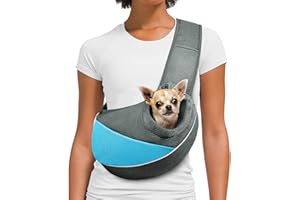 AOFOOK Dog Cat Sling Carrier, Adjustable Padded Shoulder Strap, with Mesh Pocket for Outdoor Travel (S - Up to 4 lbs, Sky Blue - Grey)