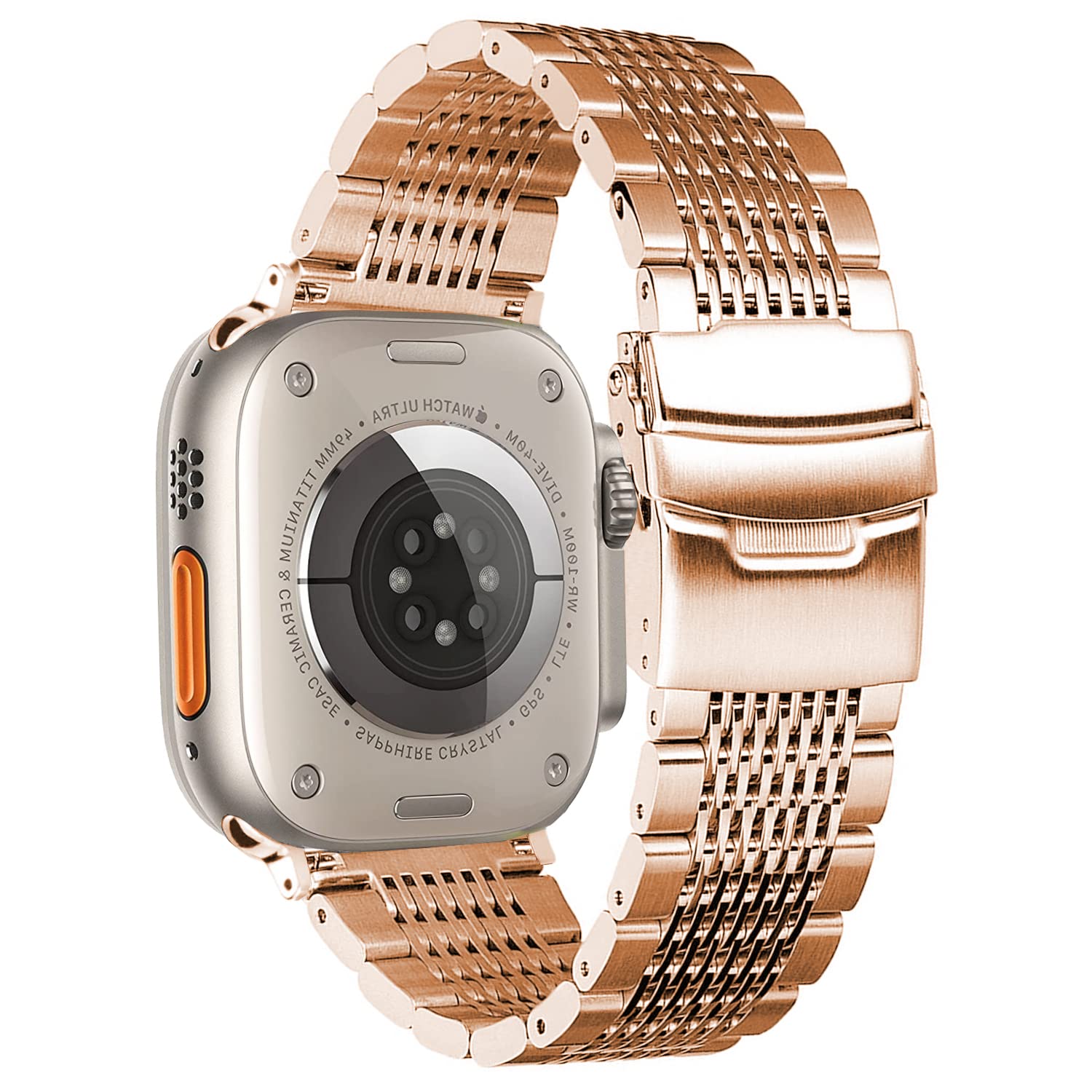 DEALELE Strap Compatible with iWatch 42mm 44mm 45mm 49mm, Solid 15-Rows Stainless Steel Metal Replacement Bracelet for Apple Watch Series 8/7 / 6/5 / 4/3 / SE/Ultra Women Men, Rose gold