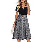 Women's Elegant Criss-Cross V Neck Vintage Short Sleeve Work Casual Fit and Flare Tea Dress with Pockets 980